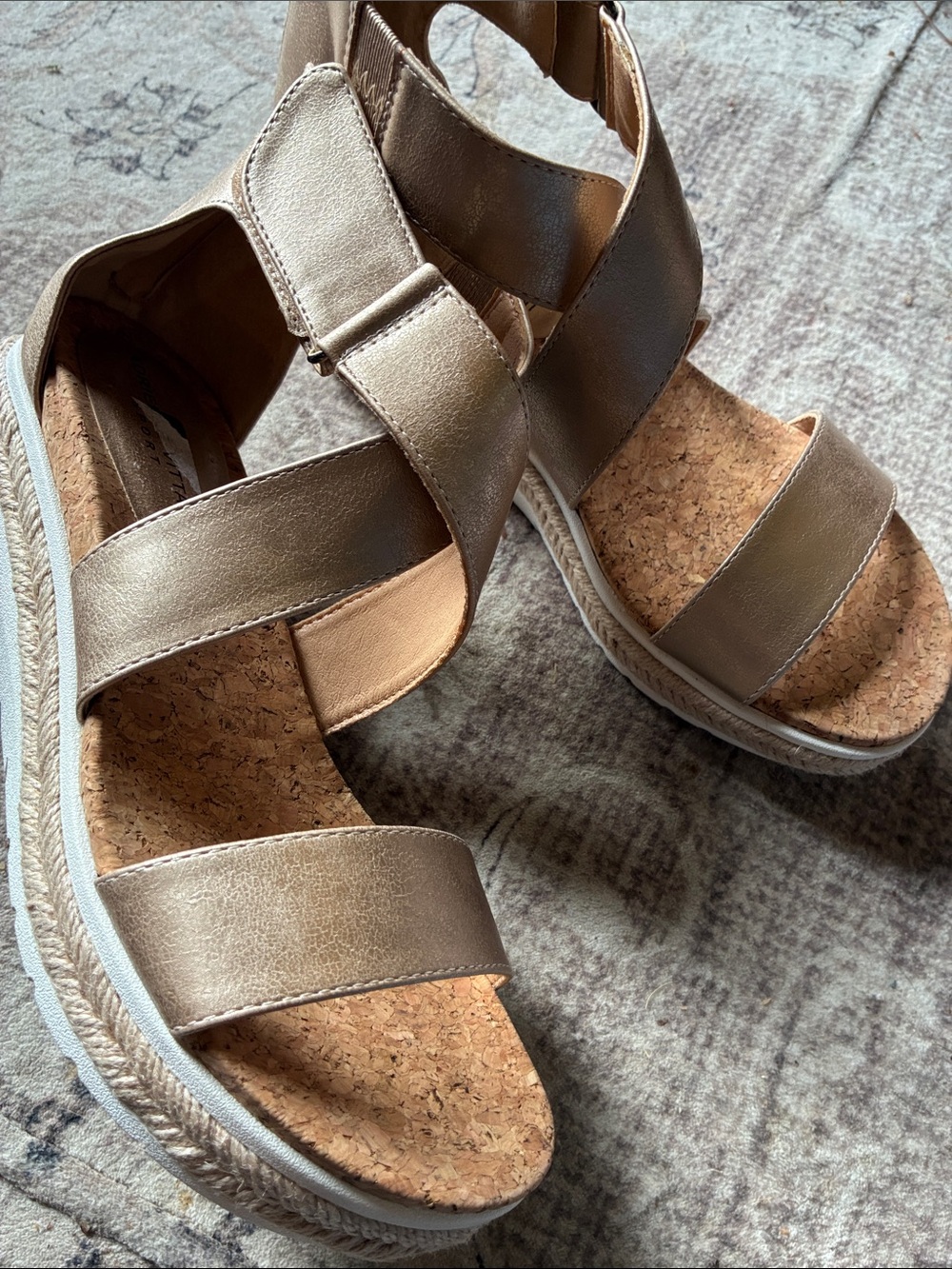 Adrienne Vittadini Metallic Cape Ann Gold Cross-Strap Cork Platform Sandals
